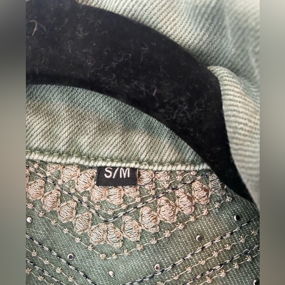 Denim Jacket Green Fringe Studs Sequins Embroidered Distressed - Picture 6 of 12